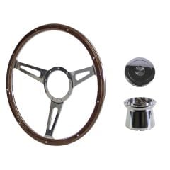 Steering Wheel Kit 1965 GT350-Style Woodgrain 15" 9-Bolt Mustang 68-73 w/ Polished Aluminum Horn Button