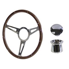Steering Wheel Kit 1965 GT350-Style Woodgrain 15" 9-Bolt Mustang 68-73 w/ Polished Billet Horn Button