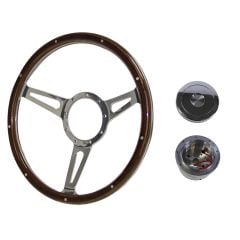 Steering Wheel Kit 1965 GT350-Style Woodgrain 14" 9-Bolt Mustang 65-67 w/ Polished Horn Button