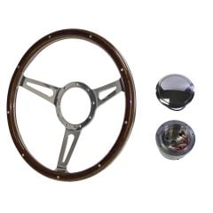Steering Wheel Kit 1965 GT350-Style Woodgrain 14" 9-Bolt Mustang 65-67 w/ Polished Billet Horn Button
