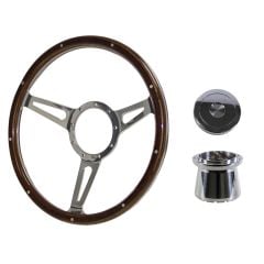Steering Wheel Kit 1965 GT350-Style Woodgrain 14" 9-Bolt Mustang 64-1/2 w/ Polished Aluminum Horn Button