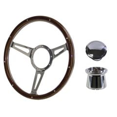 Steering Wheel Kit 1965 GT350-Style Woodgrain 14" 9-Bolt Mustang 64-1/2 w/ Polished Billet Horn Button