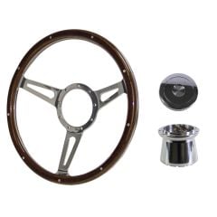 Steering Wheel Kit 1965 GT350-Style Woodgrain 14" 9-Bolt Mustang 68-73 w/ Polished Aluminum Horn Button