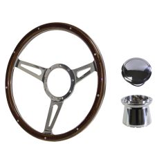 Steering Wheel Kit 1965 GT350-Style Woodgrain 14" 9-Bolt Mustang 68-73 w/ Polished Billet Horn Button