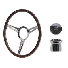 Steering Wheel Kit 1965 GT350 Thin Spoke Woodgrain 14" 9-Bolt Mustang 64-1/2 w/ Polished Aluminum Horn Button