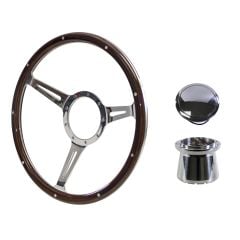 Steering Wheel Kit 1965 GT350 Thin Spoke Woodgrain 14" 9-Bolt Mustang 64-1/2 w/ Polished Billet Horn Button