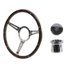Steering Wheel Kit 1965 GT350 Style Woodgrain 14" 9-Bolt Mustang 68-73 Thin Spoke w/ Polished Aluminum Horn Button