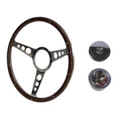Steering Wheel Kit Shelby-Style Woodgrain 15" 9-Bolt Mustang 65-67 w/ Polished Horn Button