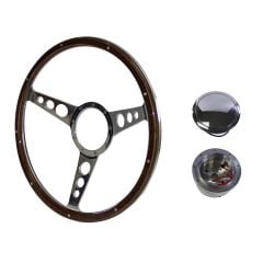 Steering Wheel Kit Shelby-Style Woodgrain 15" 9-Bolt Mustang 65-67 w/ Polished Billet Horn Button