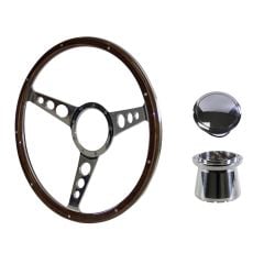 Steering Wheel Kit Shelby-Style Woodgrain 15" 9-Bolt Mustang 64-1/2 w/ Polished Billet Horn Button
