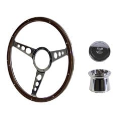 Steering Wheel Kit Shelby-Style Woodgrain 15" 9-Bolt Mustang 68-73 w/ Polished Aluminum Horn Button