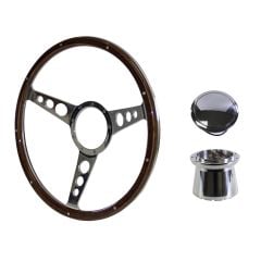Steering Wheel Kit Shelby-Style Woodgrain 15" 9-Bolt Mustang 68-73 w/ Polished Billet Horn Button