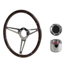 Steering Wheel Kit Shelby-Style Woodgrain 14" 6-Bolt Mustang 65-66 w/ Polished Horn Button