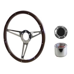 Steering Wheel Kit Shelby-Style Woodgrain 14" 6-Bolt Mustang 64-1/2 w/ Polished Horn Button