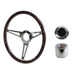 Steering Wheel Kit Shelby-Style Woodgrain 14" 6-Bolt Mustang 64-1/2 w/ Smooth Cap Polished Horn Button