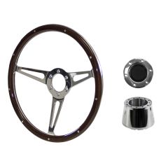 Steering Wheel Kit Shelby-Style Woodgrain 14" 6-Bolt Mustang 70-73 w/ Polished Horn Button