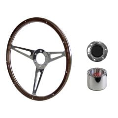 Steering Wheel Kit Shelby-Style Woodgrain 15" 6-Bolt Mustang 65-66 w/ Polished Horn Button