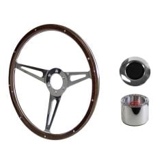 Steering Wheel Kit Shelby-Style Woodgrain 15" 6-Bolt Mustang 65-66 w/ Smooth Cap Polished Horn Button