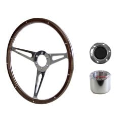 Steering Wheel Kit Shelby-Style Woodgrain 15" 6-Bolt Mustang 64-1/2 w/ Polished Horn Button