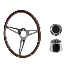 Steering Wheel Kit Shelby-Style Woodgrain 15" 6-Bolt Mustang 70-73 w/ Polished Horn Button
