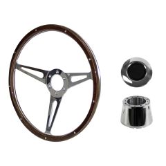Steering Wheel Kit Shelby-Style Woodgrain 15" 6-Bolt Mustang 70-73 w/ Smooth Cap Polished Horn Button