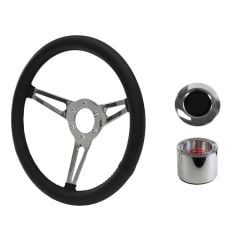 Steering Wheel Kit Shelby-Style Black Simulated Leather 14" 6-Bolt Mustang 65-66 w/ Smooth Cap Polished Horn Button