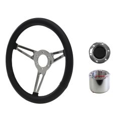 Steering Wheel Kit Shelby-Style Simulated Leather 14" 6-Bolt Mustang 64-1/2 Black w/ Polished Horn Button