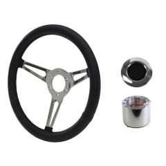 Steering Wheel Kit Shelby-Style Simulated Leather 14" 6-Bolt Mustang 64-1/2 Black w/ Smooth Cap Polished Horn Button