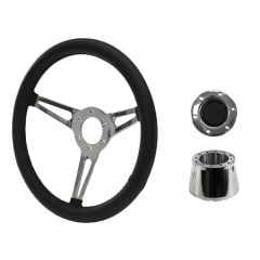 Steering Wheel Kit Shelby-Style Black Simulated Leather 14" 6-Bolt Mustang 70-73 w/ Polished Horn Button