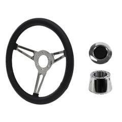 Steering Wheel Kit Shelby-Style Black Simulated Leather 14" 6-Bolt Mustang 70-73 w/ Smooth Cap Polished Horn Button