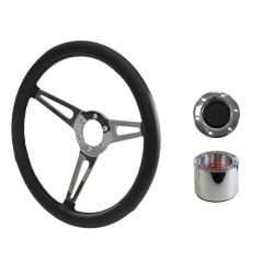 Steering Wheel Kit Shelby-Style Black Simulated Leather 15" 6-Bolt Mustang 65-66 w/ Polished Horn Button