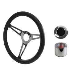 Steering Wheel Kit Shelby-Style Black Simulated Leather 15" 6-Bolt Mustang 65-66 w/ Smooth Cap Polished Horn Button