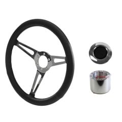 Steering Wheel Kit Shelby-Style Simulated Leather 15" 6-Bolt Mustang 64-1/2 Black w/ Smooth Cap Polished Horn Button