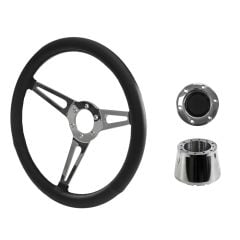 Steering Wheel Kit Shelby-Style Black Simulated Leather 15" 6-Bolt Mustang 70-73 w/ Polished Horn Button