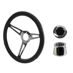Steering Wheel Kit Shelby-Style Black Simulated Leather 15" 6-Bolt Mustang 70-73 w/ Smooth Cap Polished Horn Button