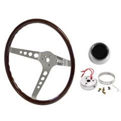 Woodgrain Steering Wheel Kit 14" 3-Bolt Walnut Mustang 65-66 w/ Polished Horn Button
