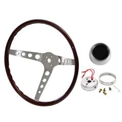 Steering Wheel Kit Walnut Woodgrain 15" Mustang 1965-1966 3-Bolt Polished Horn Button 