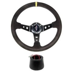 Steering Wheel 14” 6-Bolt Sport Suede Kit Mustang 68-73 w/ Black Running Horse Logo Horn Button
