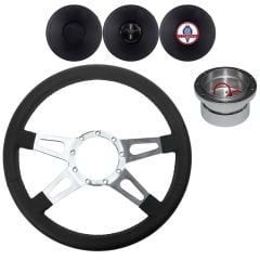 VSW Steering Wheel Kit 14" Black Leather 4-Spoke Tear Drop Polished Aluminum With Billet Adapter And Horn Button Mustang 1965-1966