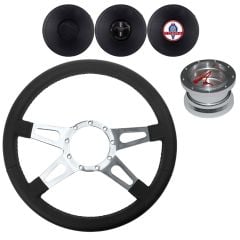 VSW 14" Black Leather 4-Spoke Tear Drop Steering Wheel Kit Mustang 67-73 Polished Aluminum w/ Billet Adapter/ Horn Button