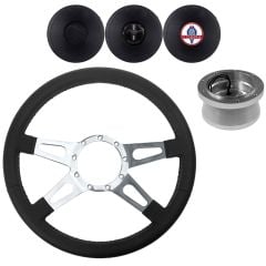 VSW Steering Wheel Kit 14" Black Leather 4-Spoke Tear Drop Polished Aluminum With Billet Adapter And Horn Button Mustang 1979-1982