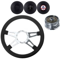 VSW Steering Wheel Kit 14" Black Leather 4-Spoke Tear Drop Polished Aluminum With Billet Adapter And Horn Button Mustang 1984-1989