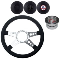 VSW Steering Wheel Kit 14" Black Leather 3-Hole 4-Spoke Polished Aluminum With Billet Adapter And Horn Button Mustang 1965-1966
