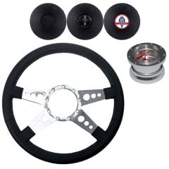 VSW Steering Wheel Kit 14" Black Leather 3-Hole 4-Spoke Polished Aluminum With Billet Adapter And Horn Button Mustang 1967-1973 