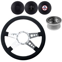 VSW Steering Wheel Kit 14" Black Leather 3-Hole 4-Spoke Polished Aluminum With Billet Adapter And Horn Button Mustang 1979-1982