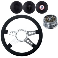 VSW Steering Wheel Kit 14" Black Leather 3-Hole 4-Spoke Polished Aluminum With Billet Adapter And Horn Button Mustang 1984-1989