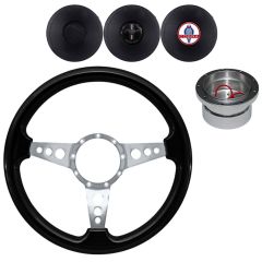 VSW Steering Wheel Kit 14" Black Wood 3-Hole 3-Spoke Polished Aluminum With Billet Adapter And Horn Button Mustang 1965-1966