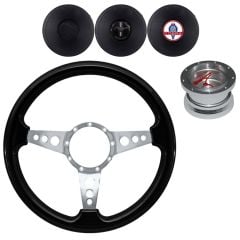 VSW Steering Wheel Kit 14" Black Wood 3-Hole 3-Spoke Polished Aluminum With Billet Adapter And Horn Button Mustang 1967-1973 