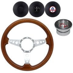 Volante Steering Wheel Kit 14" Walnut Wood 3-Hole 3-Spoke Polished Aluminum With Billet Adapter And Horn Button Mustang 1965-1966