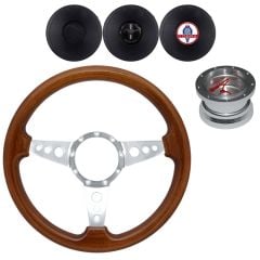 Volante Steering Wheel Kit 14" Walnut Wood 3-Hole 3-Spoke Polished Aluminum With Billet Adapter And Horn Button 1967-1973 